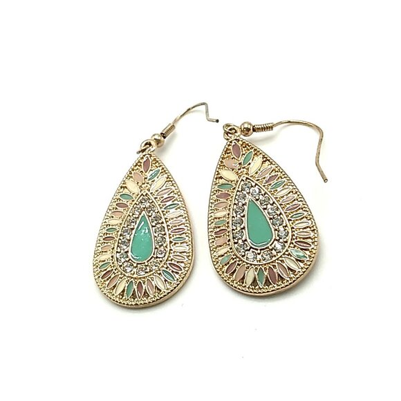 Teardrop Dangle Earrings Mint Green Enamel Rhinestones Small Pastel Beads - Picture 3 of 14